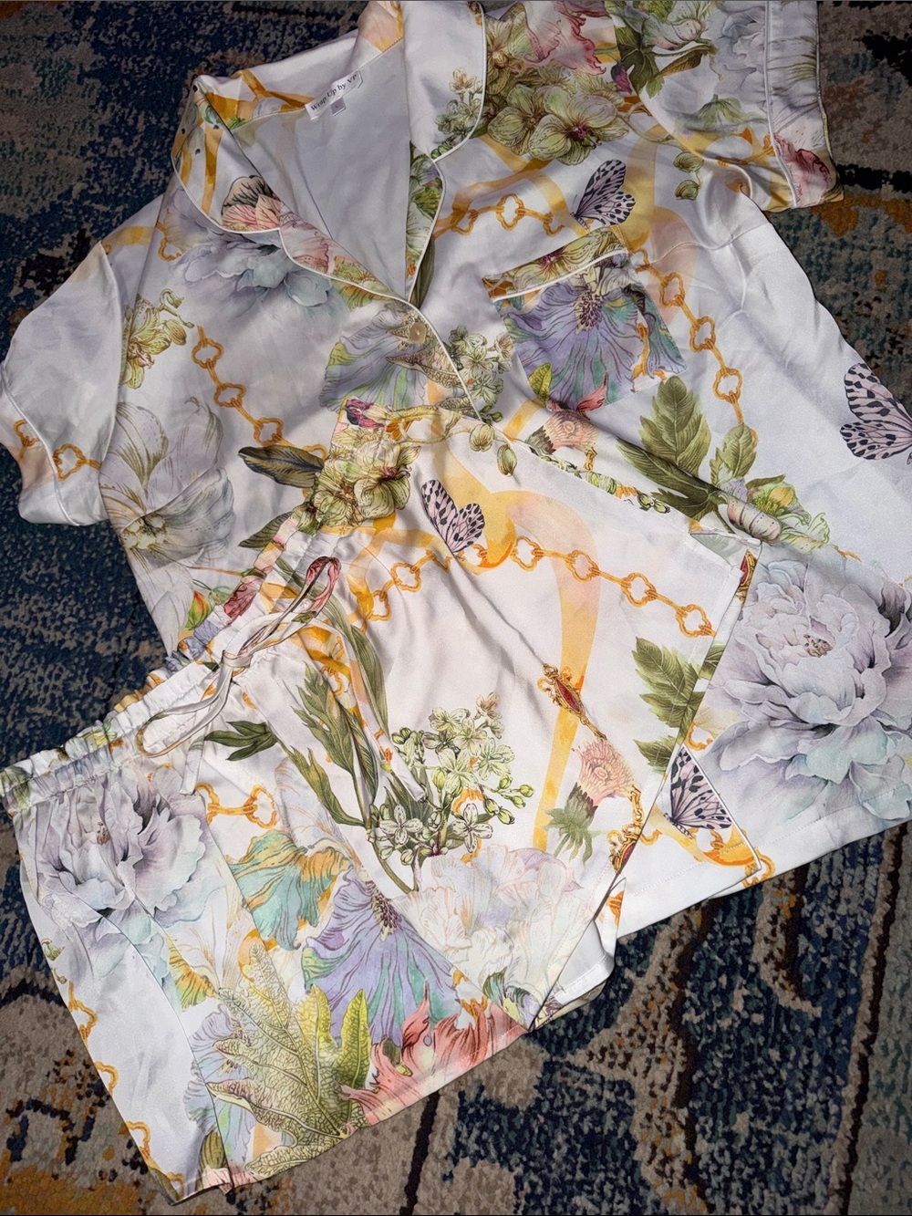 Floral Satin Pajama Set in White with Pastel Bouquet Print